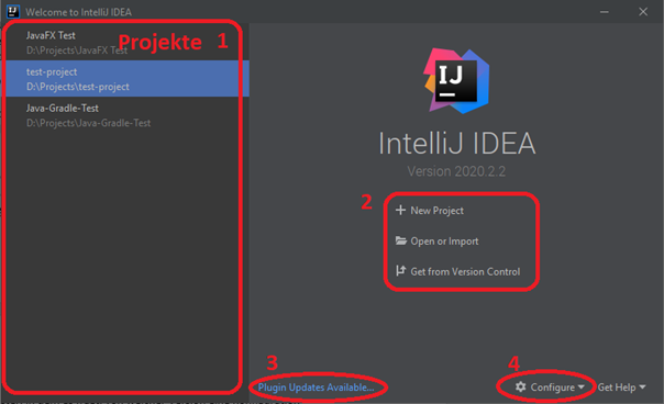 IntelliJ-Startfenster